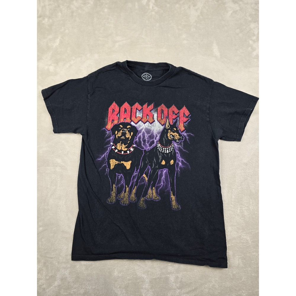 DOM T-Shirt Mens M Fit S Black Back Off Rottweiler Doberman Graphic Short Sleeve